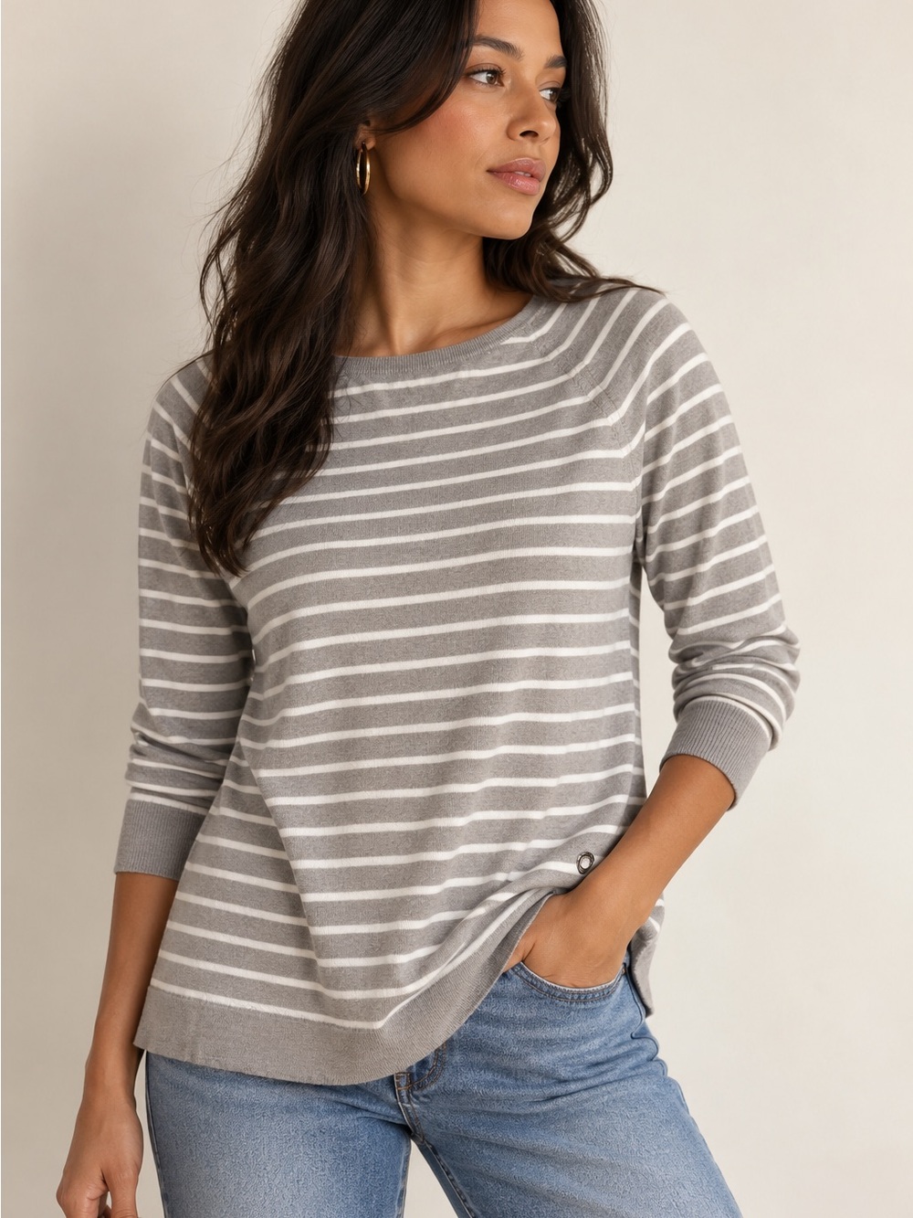Loro Piana 100% IT Cashmere 44 US 8 Gray White Striped Knit Sweater Size 44/8